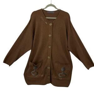 Blue Fish Cardigan Full Button Front size XXL Brown Lock & Key Hand Painted Art